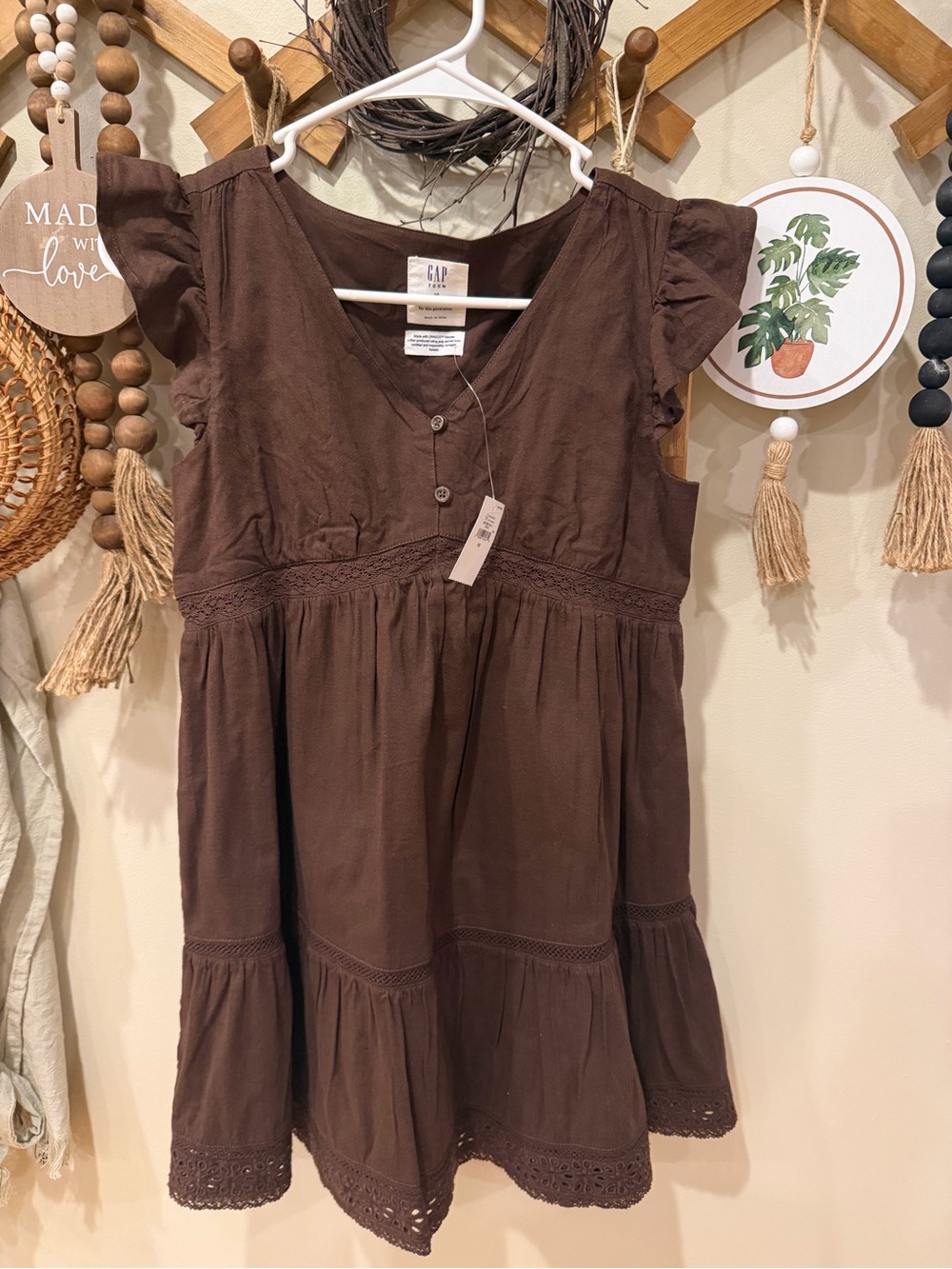 GAP Brown Tiered Cotton Dress with Lace Trim